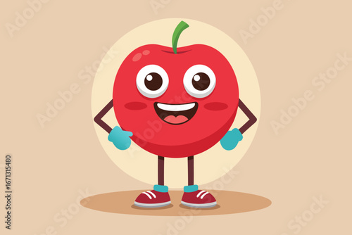 Cheerful Apple Cartoon Character with Big Eyes, Smile, Arms, and Shoes on Beige Background
