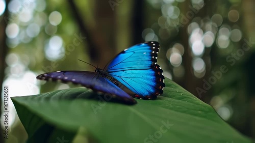 Majestic Blue Butterfly Resting on Lush Green Leaf