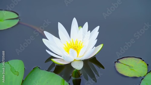 Serene White Water Lily Blooms Gracefully on Dark Pond Amidst Lush Green Lily Pads