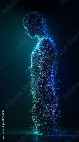 Abstract human figure made of colorful particles
