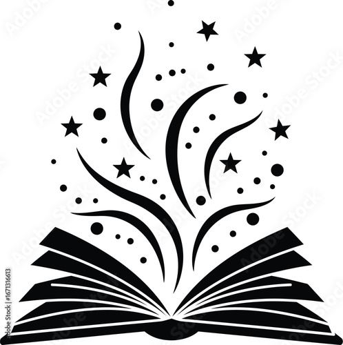 Magic Open Book Silhouette with Stars and Sparkles