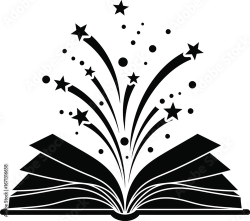 Magic Open Book Silhouette with Stars and Sparkles