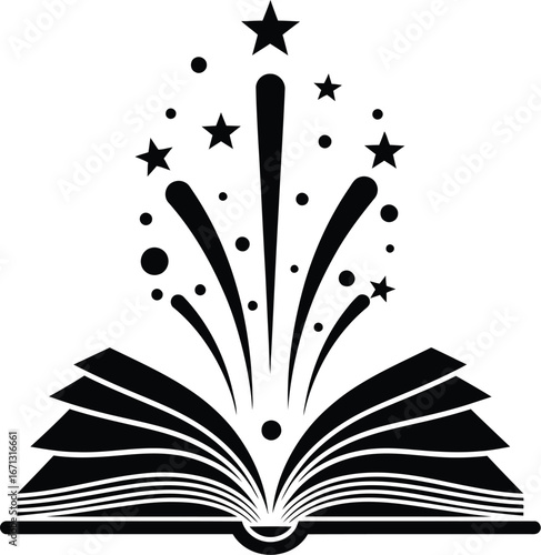 Magic Open Book Silhouette with Stars and Sparkles