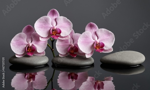 Elegant pink orchid blossoms resting on smooth stones with serene reflections for spa or wellness branding