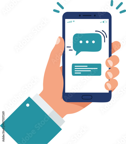 Hand holding a smartphone with chat messages showing communication online