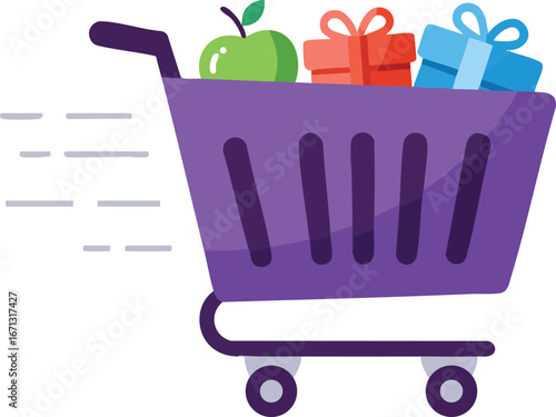 Purple shopping cart filled with groceries and gifts for online retail
