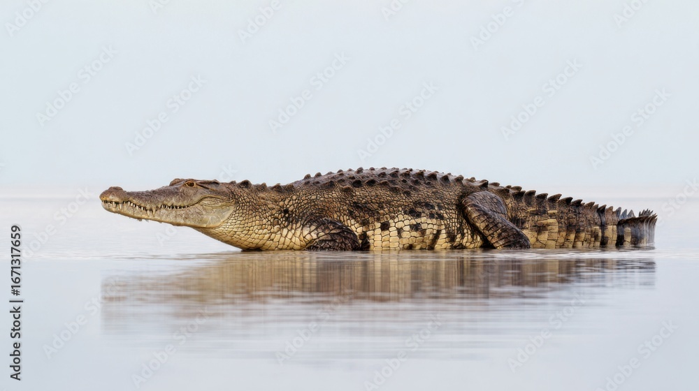 Naklejka premium Large Reptile Swimming Calmly in Shallow Water Under Clear Sky