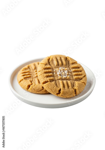 Classic golden-brown peanut butter cookies with crisp edges, chewy interiors, and crisscross marks, one with sea salt, on a white plate, transparent background. Culinary perfection concept