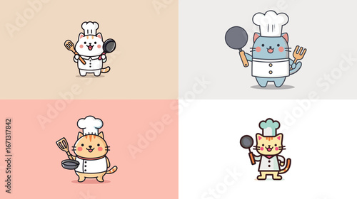 Adorable cartoon cat chefs in uniform holding cooking utensils. Fun animal culinary illustration for food, kids, and creative kitchen design projects.