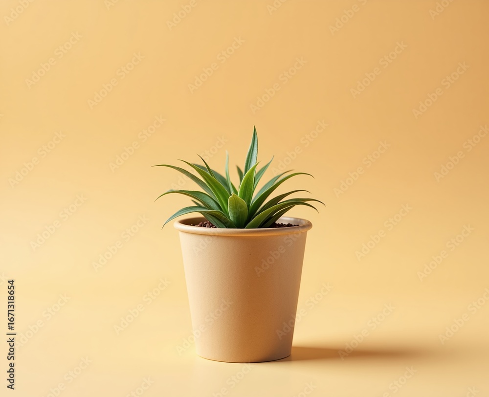 Fototapeta premium Natural Aesthetic Small Plant in Kraft Paper Pot on Beige Background