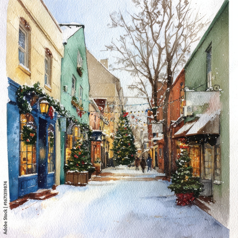 Obraz premium festive watercolor christmas street scene 