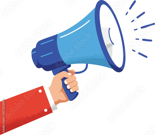Hand holding a megaphone for making announcements and public speaking