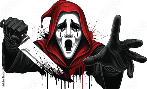 Terrifying ghostface killer with bloody knife reaching out in a horror movie scene