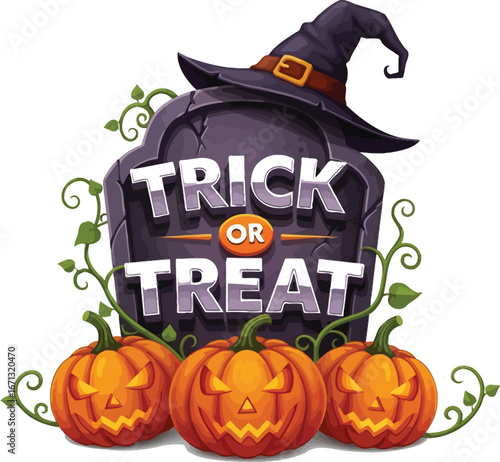 Spooky halloween tombstone with pumpkins and a witch hat for trick or treat fun