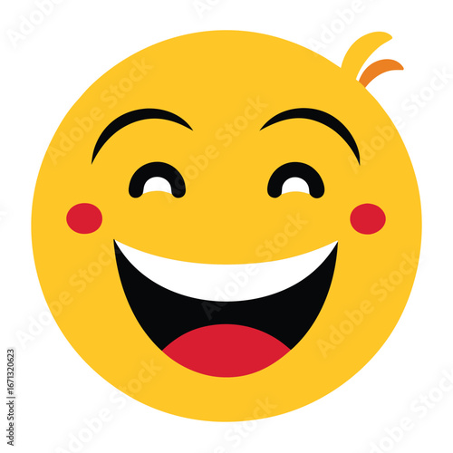 Happy Cartoon Emoji with Rosy Cheeks, Two Strands of Hair, and Open Mouth Smile