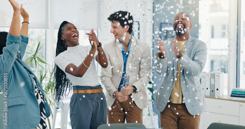 Konstfotografi People, team and celebration with confetti at office for success, goals and achievement at company