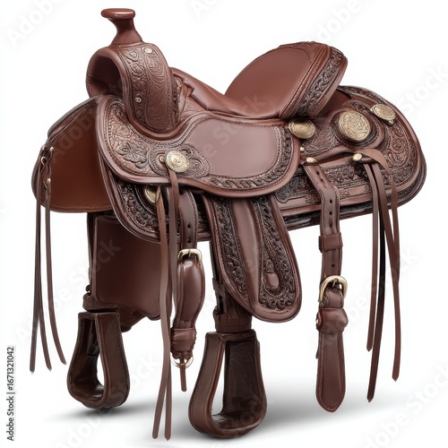 A detailed, brown leather Western saddle with ornate tooling and decorative metal accents, designed for horseback riding
