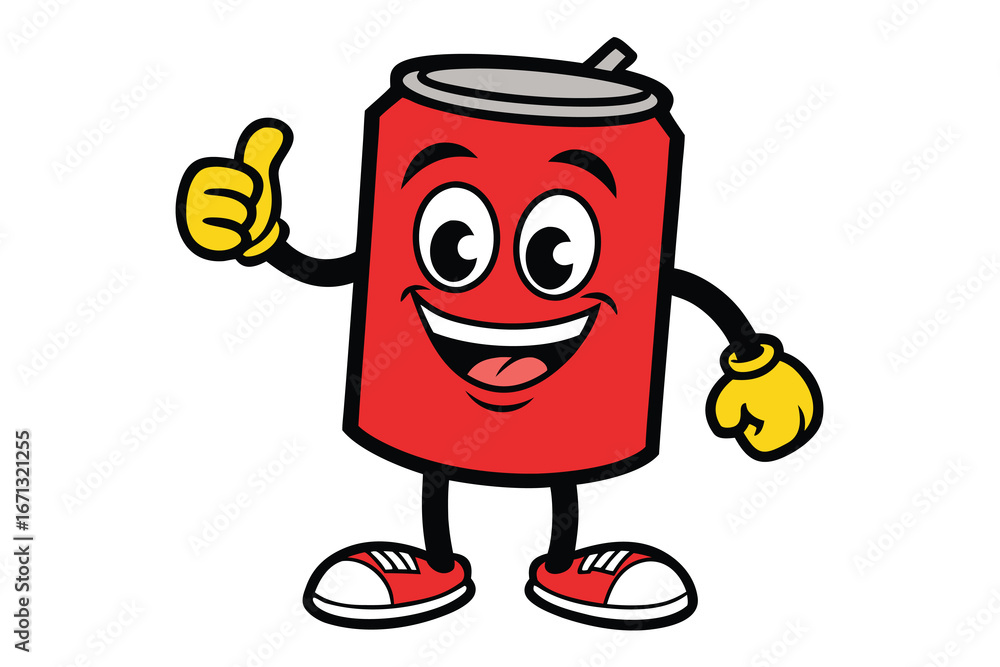 Fototapeta premium Happy Red Soda Can Cartoon Mascot Giving a Thumbs Up Gesture and Smiling