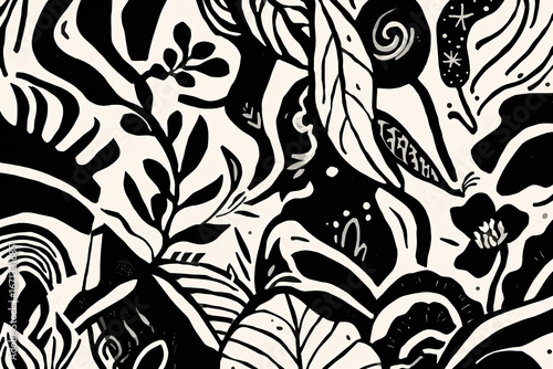 Black and white botanical illustration with abstract floral and leaf motifs leaves