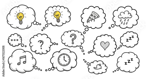 Hand Drawn Thought Bubbles Collection, Doodle Icons with Ideas, Questions, Food, Weather, and Sleep Symbols on isolated white background.