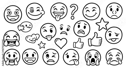 Black and White Cartoon Emoji and Emoticon Collection, Expressive Faces with Varied Emotions and Symbols on isolated white background.