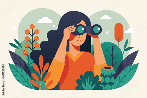 Illustration of Woman Looking Through Binoculars Amidst Foliage and Orange Berries in Nature
