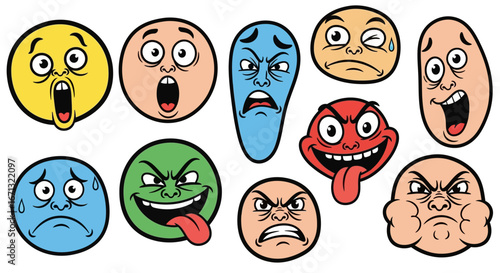 Colorful Cartoon Faces and Emoji Collection, Expressive Emotional Character Heads with Varied Moods on isolated white background.