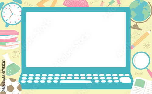 勉強・入学・学習・新学期イメージのパソコンのかわいいイラストフレーム背景_学校・キッズ系素材