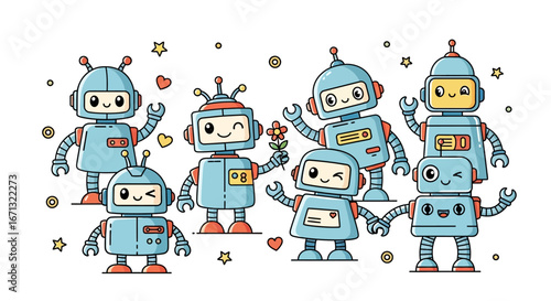 Cute Cartoon Robots with Hearts and Flowers, Happy Robotic Friends Standing Together on isolated white background.