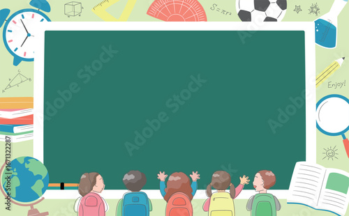 勉強・入学・学習・新学期イメージの黒板のかわいいイラストフレーム背景_学校・キッズ系素材