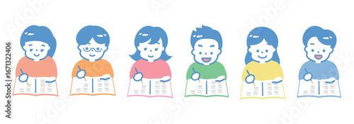 小学生の子供が笑顔で勉強・ノートをとる人物アイコンイラスト_子どもの教育・塾シーン