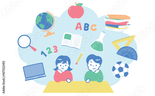 小学生の習い事や塾・学校教育をイメージした子供が勉強するイラスト_子どもの入会・入学・新学期シーンなど