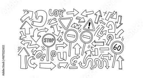 Doodle Hand Drawn Arrow and Road Sign Collection, Directional Symbols, Sketchy Navigation Elements on isolated white background.