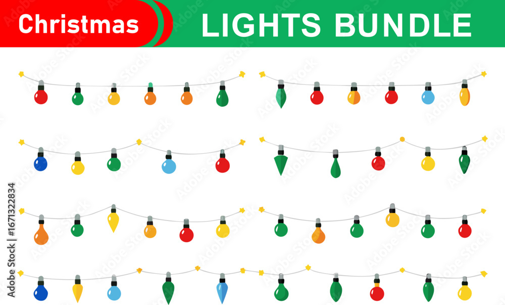 Fototapeta premium Colorful Christmas Lights Bundle Festive Holiday Decorations on White Background