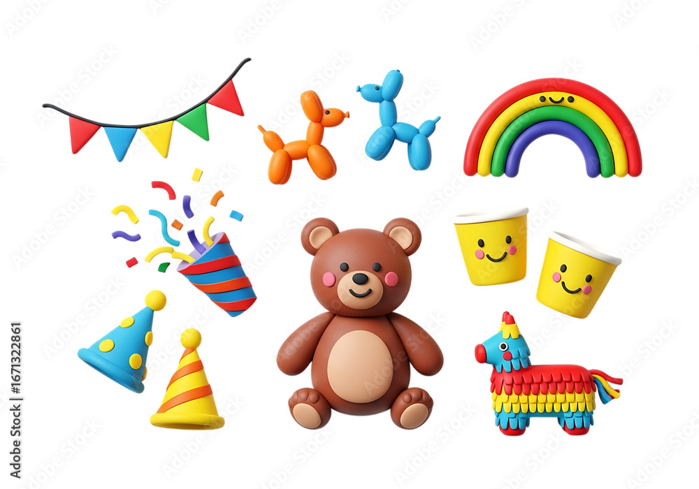 Obraz premium 3d icon of collection of colorful 3d party icons featuring a teddy bear, piata, rainbow, party hats, balloons, and confetti isolated on transparent background