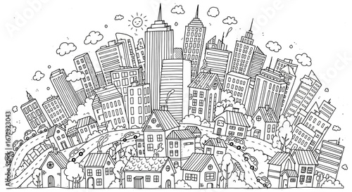 Cartoon City Skyline with Buildings, Houses, Cars, and Clouds, illustrating urban and suburban life