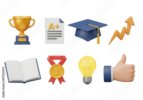3d icon of collection of education and success icons, including trophy, graduation cap, book, and lightbulb, isolated on transparent background