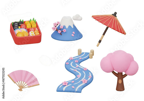 3d icon of japanese cultural elements including mount fuji, cherry blossoms, a bento box, umbrella, fan, river, and tree isolated on transparent background