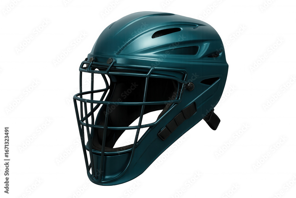 Fototapeta premium Catcher's helmet featuring a teal finish and a protective face mask, isolated on a transparent background
