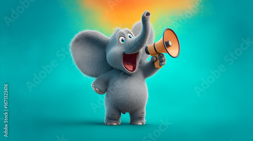 A cute elephant excitedly speaks into a large megaphone