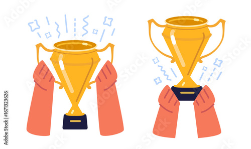 Hands holding gold trophy cup. Award ceremony, winner, first place prize. Symbol of success, victory and achievement