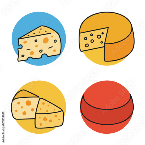 Cheeses icons, round, with holes, in yellow, orange, red and blue colors