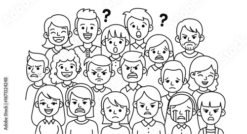 Diverse Group of People Expressing Varied Emotions from Happy to Angry and Confused, Isolated White Background