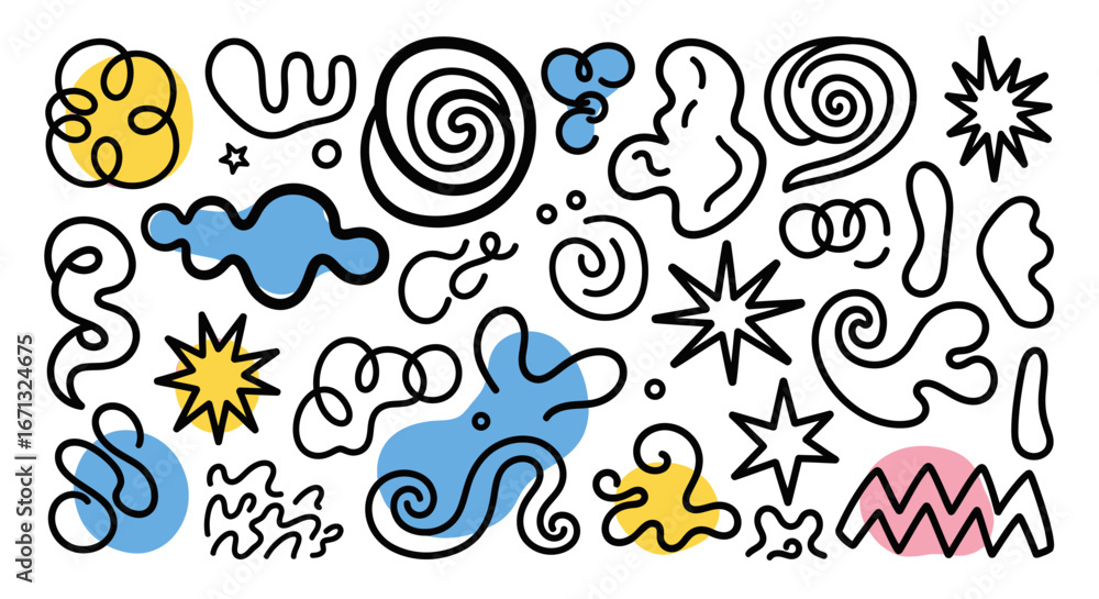 Obraz premium Vibrant collection of abstract doodle shapes, swirls, stars, and splatters with colorful accents, on a white background.
