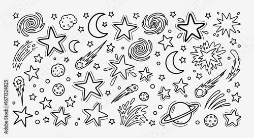 Assortment of doodle-style celestial and cosmic elements including stars, moons, and planets, coloring page on isolated white background.