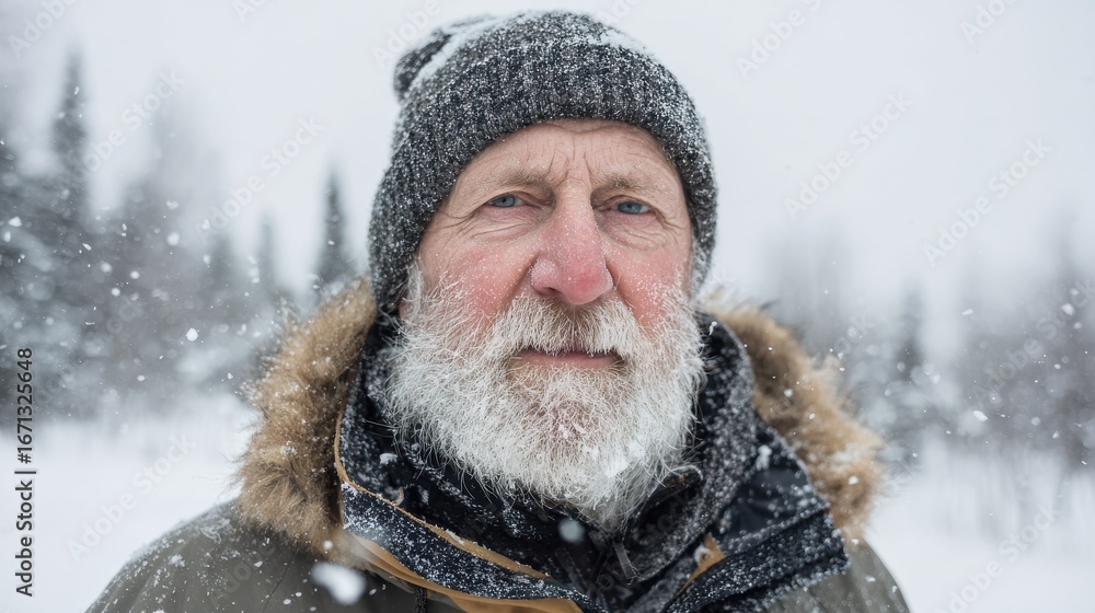 Fototapeta premium portrait of senior man standing in snowcovered winter nature looking at camera no logos no brands ar 169
