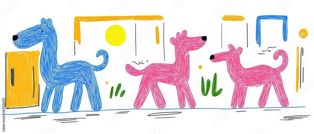 Fototapeta premium Playful and Colorful Collection of Doodles Featuring Whimsical Dogs in Various Colors on a Bright Background