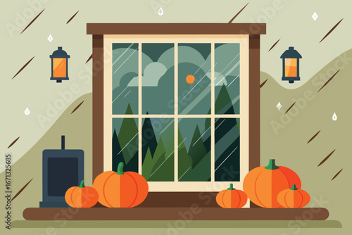 Rainy Window with Pumpkins, Lanterns, and Forest View A Flat Illustration