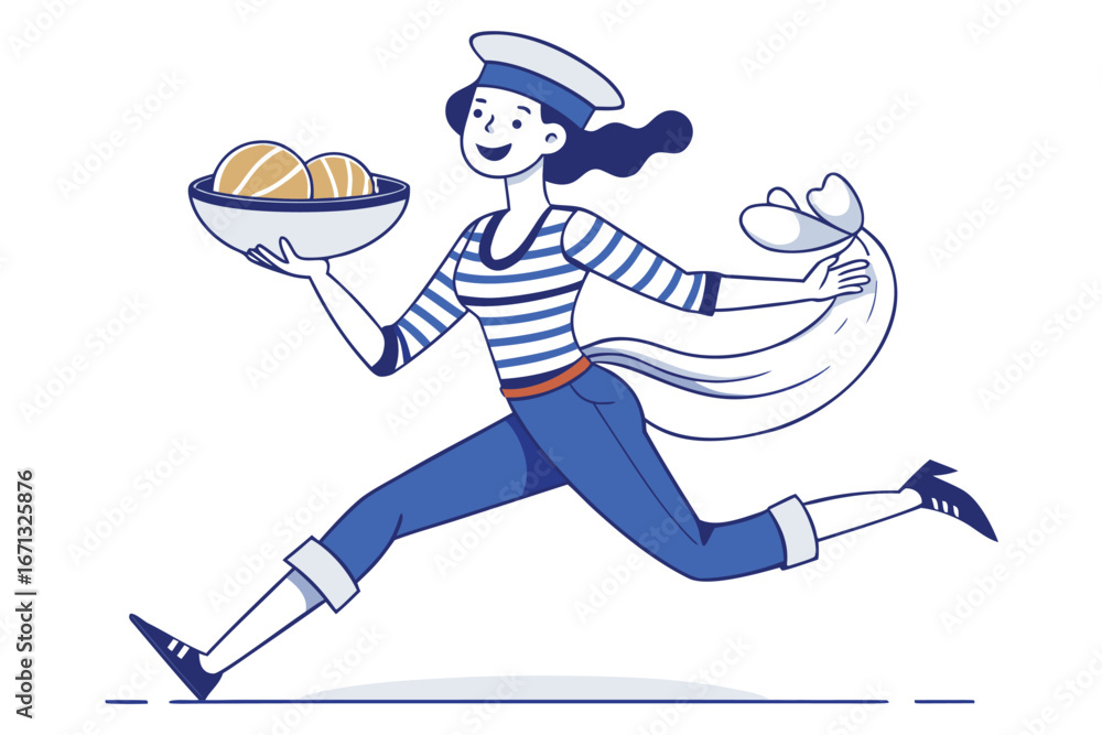 Obraz premium Running Cartoon Sailor Girl Holding Bowl of Buns and Bag in Blue Outfit