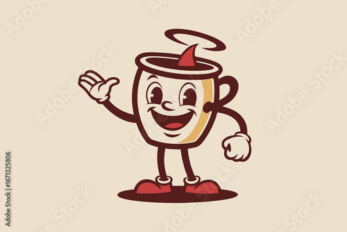 Retro Cartoon Coffee Cup Mascot Character with Waving Hand and Shoes Illustration